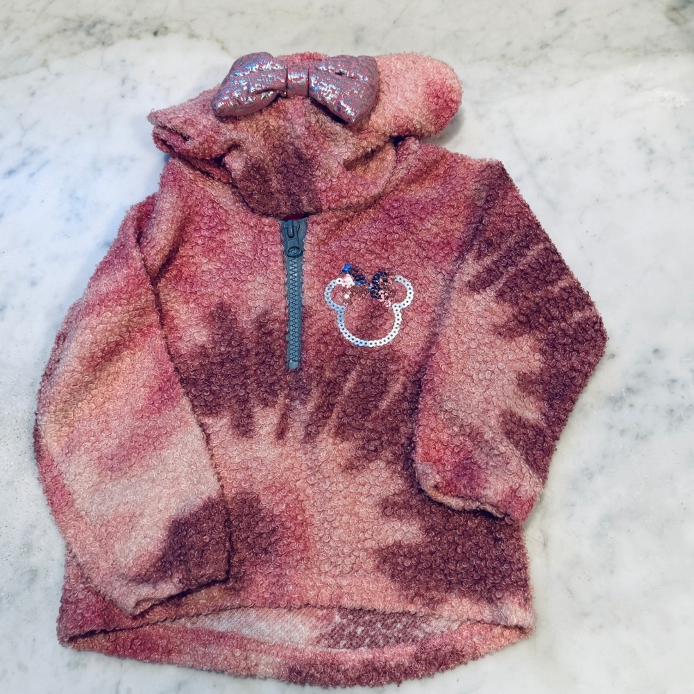 Disney Minnie Mouse Tie Dye Pullover Hoodie Ears Bow Pink Kids 2T